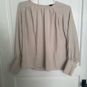 Ann Taylor Light Beige Long-Sleeve Gathered Neck Blouse